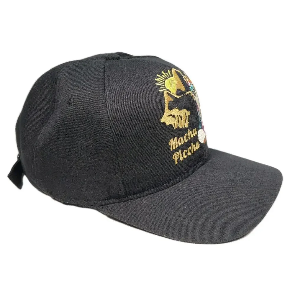 Machu Picchu Embroidered Black Strapback Hat Cap Meditating Llama Whimsical